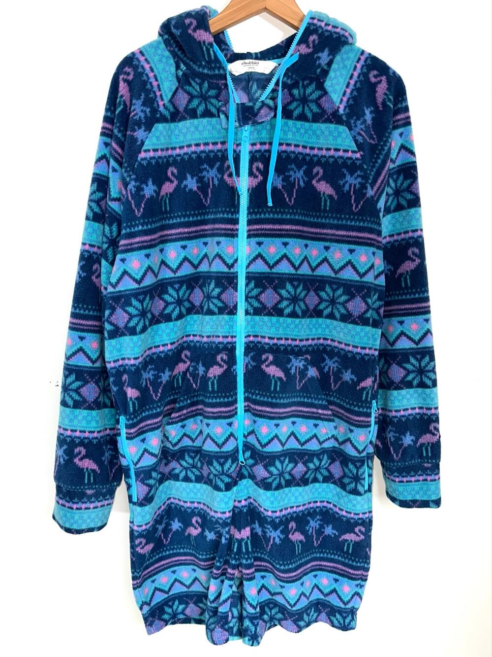Chubbies Fleece Blue Holiday Flamingo Hoodie Chubbsie One Piece Lounge Romper L